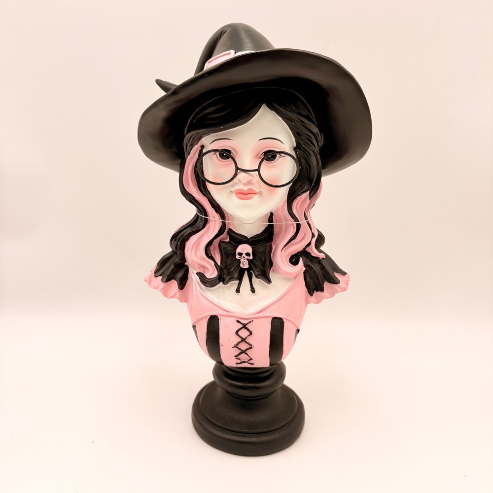 Bella Lux Pink and Black Witch Bust Figurine Gothic Halloween Decor with Glasses